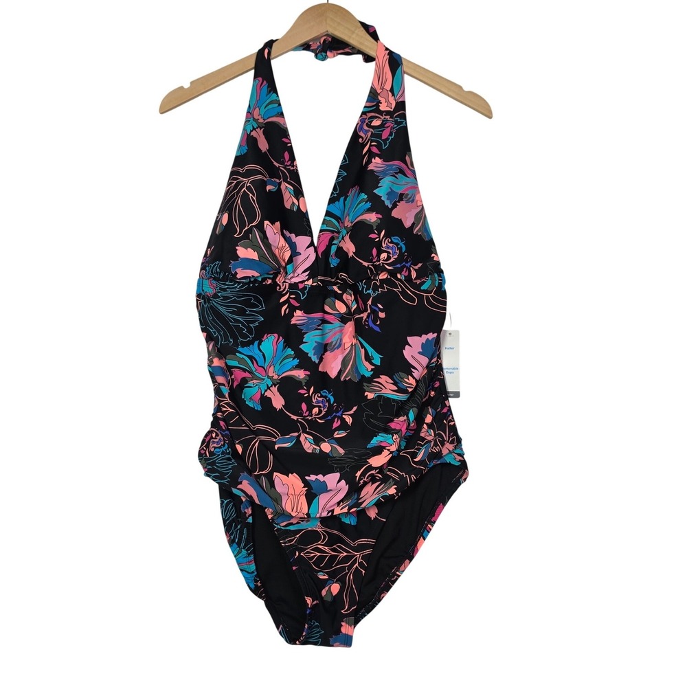 Time And Tru Womens One Piece Swimsuit XL Black Floral Halter Ruched V Neck New